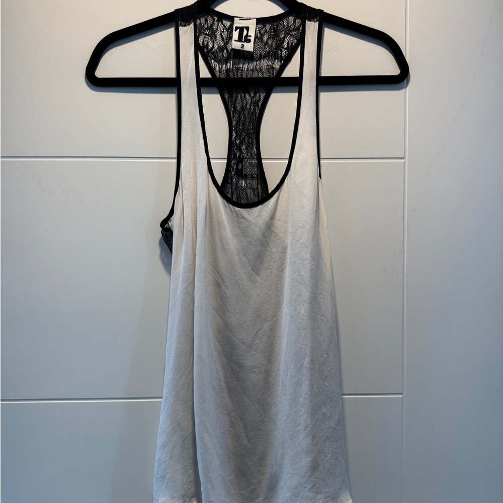 The Kooples White Silk Tank Top with Black Lace Detail